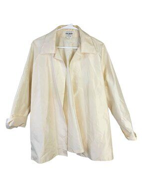 Vintage 90s 100% Silk Jacket Women Medium Cream Beige Open Coat 8 10 Retro Fall